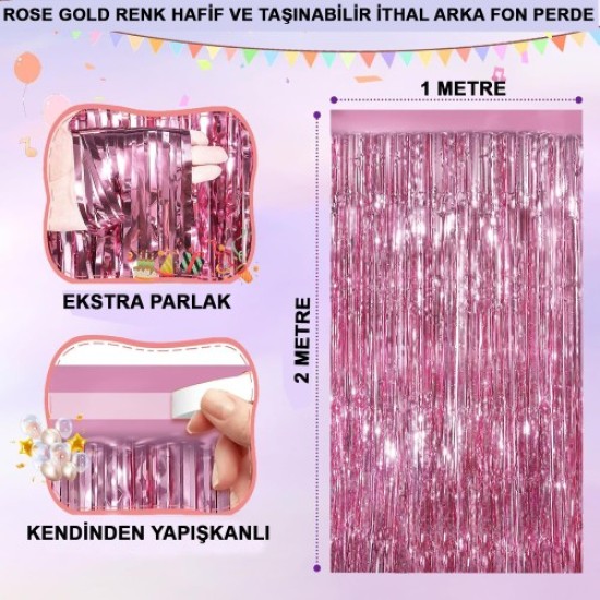 Ekstra Metalize Parlak Saçaklı Arka Fon Perde Rose Gold Ekstra Metalize Parlak Saçaklı Arka Fon Perde Rose Gold