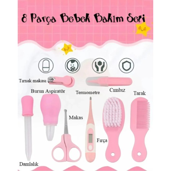8 Parça Bebek Bakım Seti Pembe Renk 8 Parça Bebek Bakım Seti Pembe Renk