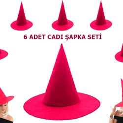 Fuşya Renk Keçe Cadı Şapkası 6 Adet