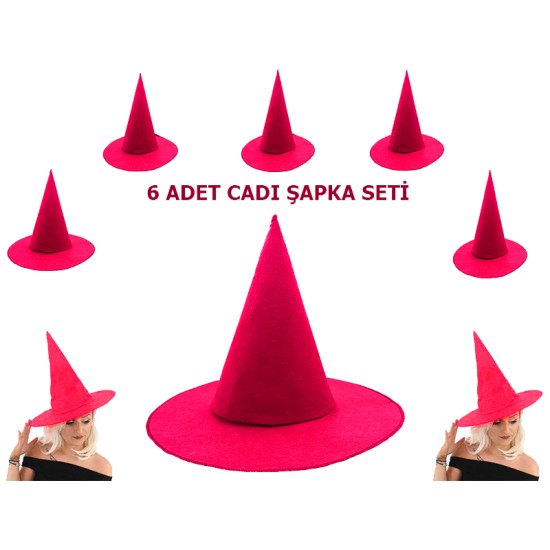 Fuşya Renk Keçe Cadı Şapkası 6 Adet