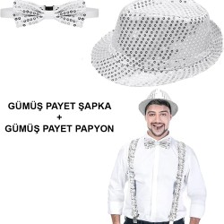 Gümüş Payetli Şapka ve Papyon Seti – Parıltılı Yetişkin Kostüm Seti