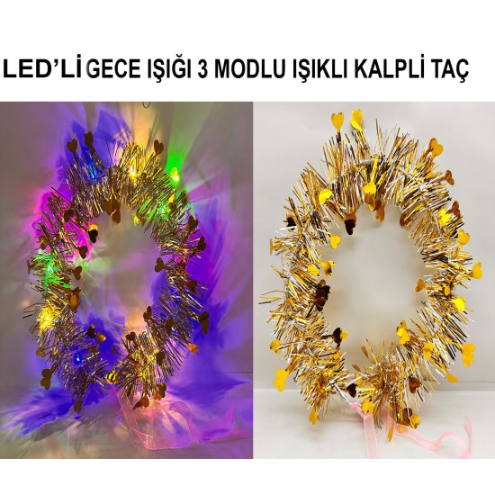 Kalp Püsküllü 3 Modlu LED Işıklı Taç Altın Renk Kalp Püsküllü 3 Modlu LED Işıklı Taç Altın Renk
