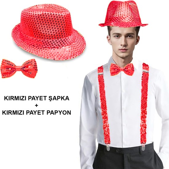 Kırmızı Payetli Şapka ve Papyon Seti – Parıltılı Yetişkin Kostüm Seti Kırmızı Payetli Şapka ve Papyon Seti – Parıltılı Yetişkin Kostüm Seti