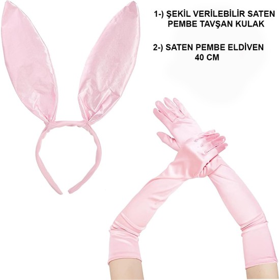 Saten Kaplama Soft Pembe Eldiven ve Tavşan Kulak 2'li Set Saten Kaplama Soft Pembe Eldiven ve Tavşan Kulak 2'li Set